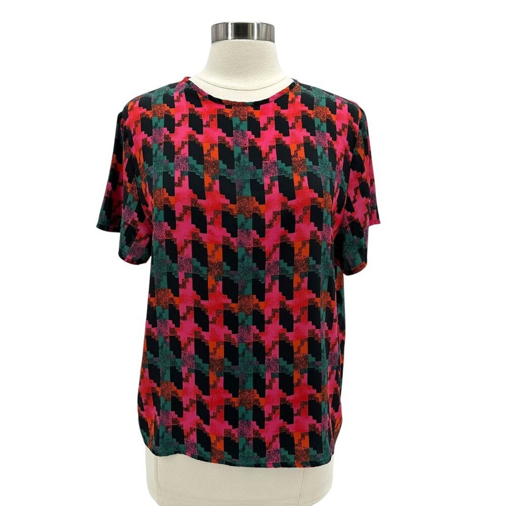 Vintage Hana Sung Womens Large Top Houndstooth Pattern Multicolor Retro 1980s